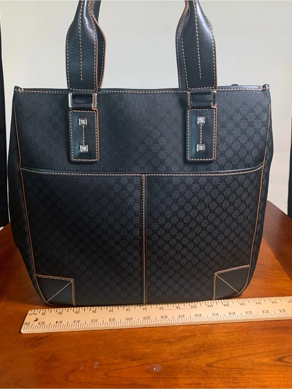 Celine Macadam Tote Handbag Black Canvas Leather